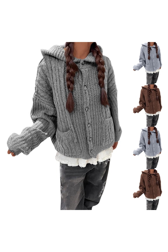 Womens Sweaters Cable Knit Button Up Long Sleeve Cardigans Holiday Soft Comfy Warm Hoodie Fall Spring Fashion Lightweight Jackets with Pockets