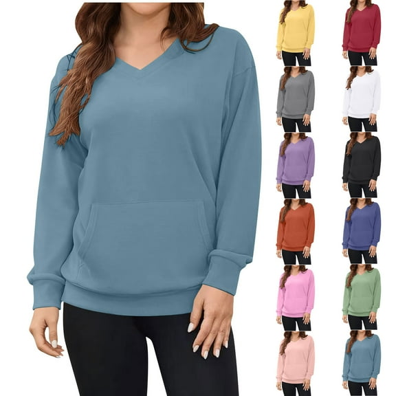 jobturf Womens Sweatshirt Casual Loose V Neck T Shirts Soft Comfy Warm Going Out Tops Fall Winter Fashion Long Sleeve Blouses with Pocket