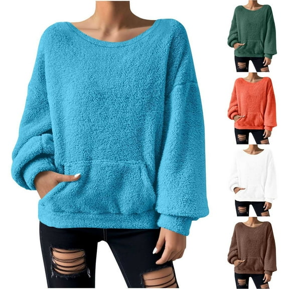 jobturf Womens Sweatshirt Casual Loose Crew Neck T Shirts Fall Winter Lightweight Blouses Soft Comfy Warm Fleece Long Sleeve Tops with Pocket