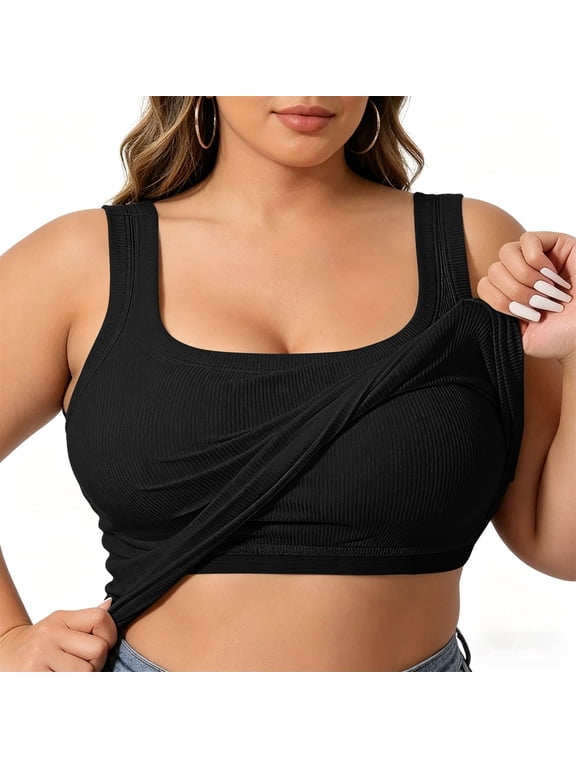 Womens Tank Tops with Built in Bras Ribbed Knit Wide Strap Camisole Backless Sleeveless Sleep Shirts Plus Size Pajama Top S-6XL
