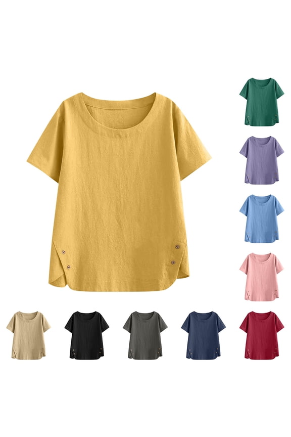 Womens Tops Casual Loose Fit Short Sleeve Shirts Trendy Side Button Plain Basic Tees Work Breathable Summer Blouses S-XXL