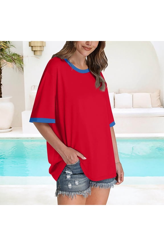 Womens Tops Casual Loose Color Block Short Sleeve Shirts Summer Breathable Lightweight Basic Tees Beach Vacation Blouses S-XXL