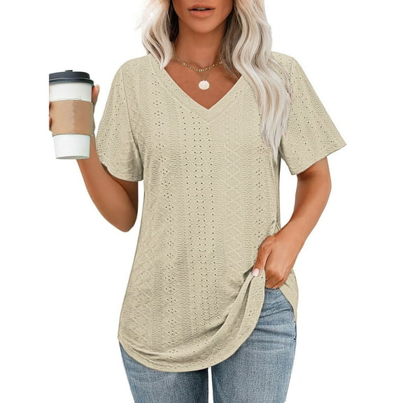 jobturf Womens Tops Dressy Casual Eyelet Hollow Out V Neck T Shirts Summer Breathable Short Sleeve Basic Tees Business Office Work Blouses S-XXL