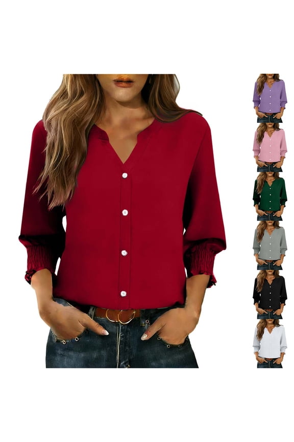 Womens Tops Dressy Casual Smocked Cuff 3/4 Sleeve V Neck T Shirts Spring Trendy Button Down Shirt Business Office Work Blouses S-XXL