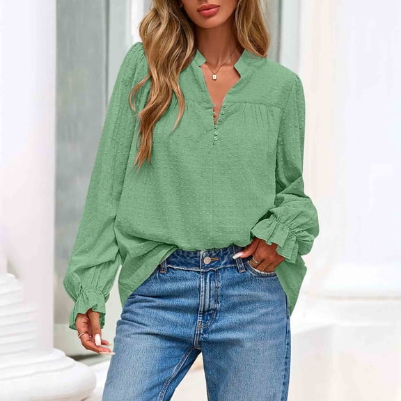 jobturf Womens Tops Dressy Casual V Neck Ruffle Long Sleeve Shirts Comfy Loose Basic Tees Fall Spring Fashion Lightweight Blouses