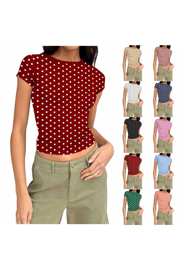 Womens Tops Slim Fitted Crew Neck Short Sleeve Shirts Summer Fashion Polka Dots Basic Tees Holiday Beach Vacation Ladies Blouses S-XXXL