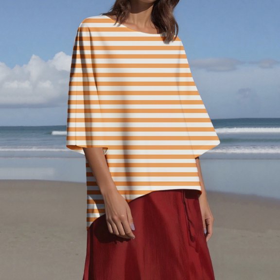 jobturf Womens Tops Spring Summer Fashion Striped 3/4 Sleeve T Shirts Soft Comfy Lightweight Blouses Casual Loose Crew Neck Basic Tees