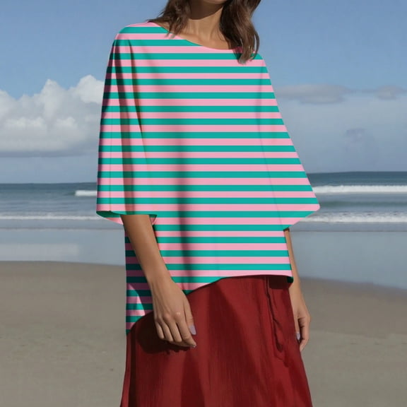 jobturf Womens Tops Spring Summer Fashion Striped 3/4 Sleeve T Shirts Soft Comfy Lightweight Blouses Casual Loose Crew Neck Basic Tees