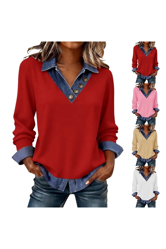 Womens Tops Spring Vintage Fashion V Neck 2 in 1 Denim Lapel Pullover Casual Loose Blouses Patchwork Color Block Long Sleeve Shirts