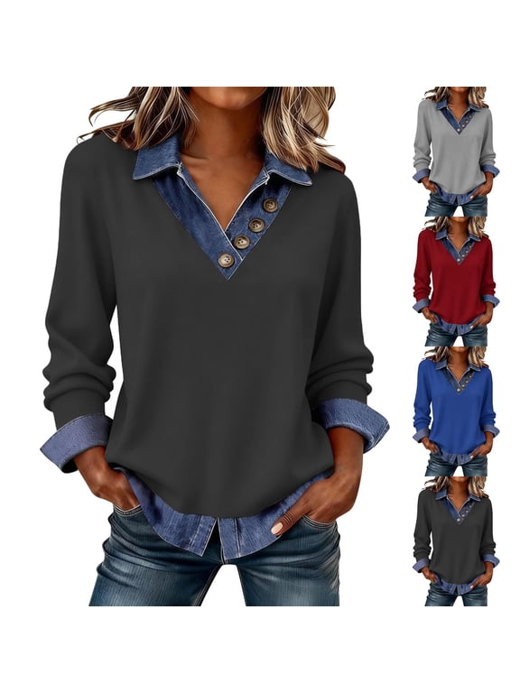 Womens Tops Spring Vintage Fashion V Neck 2 in 1 Denim Lapel Pullover Casual Loose Blouses Patchwork Color Block Long Sleeve Shirts