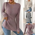 thumbnail image 1 of jobturf Womens Tops Trendy Crew Neck Striped Long Sleeve Shirt Soft Comfy Casual Basic Tees Fall Spring Fashion Side Slit Y2k Blouses, 1 of 10