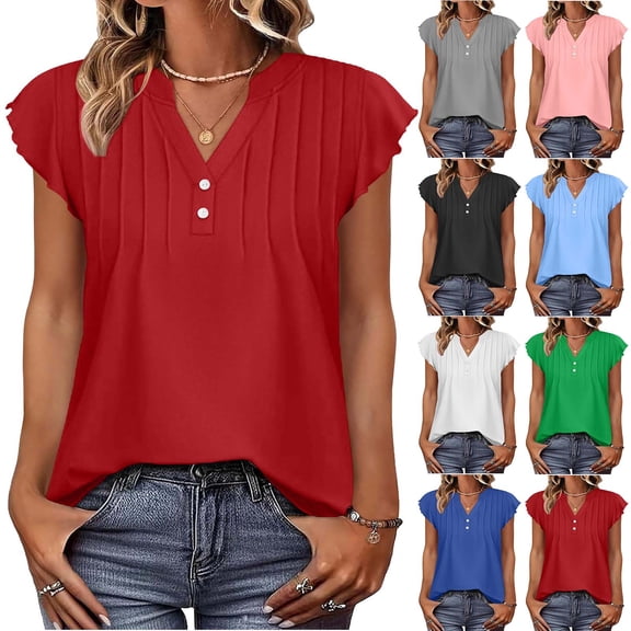 jobturf Womens Tops Trendy Ruffle Cap Sleeve V Neck Henley Shirts Summer Beach Vacation Basic Tees Casual Loose Pleated Front Work Blouses S-XXL