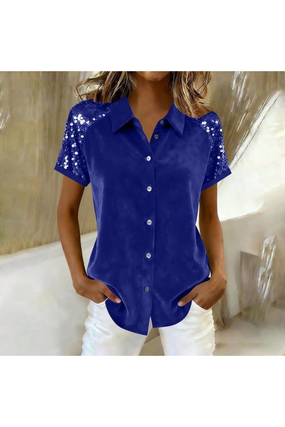 Womens Tops Trendy Sparkly Sequin Short Sleeve Button Down Shirts Comfy Going Out Pullover Summer Holiday Party Blouses S-XXL