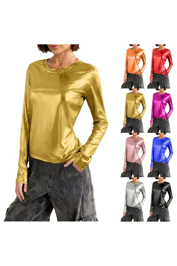 Womens Tops Trendy Sparkly Shiny Metallic Long Sleeve Shirts Spring Fashion Dance Disco Tees Holiday Party Blouses S-XXL