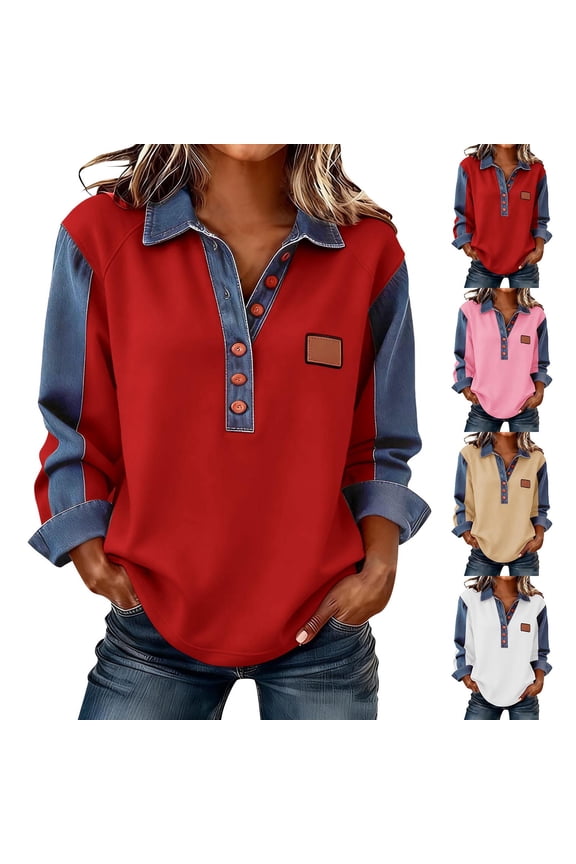 Womens Tops Vintage Fashion Button Up 2 in 1 Denim Lapel Pullover Patchwork Color Block Long Sleeve Shirts Spring Blouses