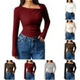 thumbnail image 1 of jobturf Womens Tops Y2k Ribbed Knit Slim Fitted Ruched Long Sleeve Shirts Soft Comfy Warm Basic Tees Fall Spring Fashion V&nbsp;Neck Blouses, 1 of 8