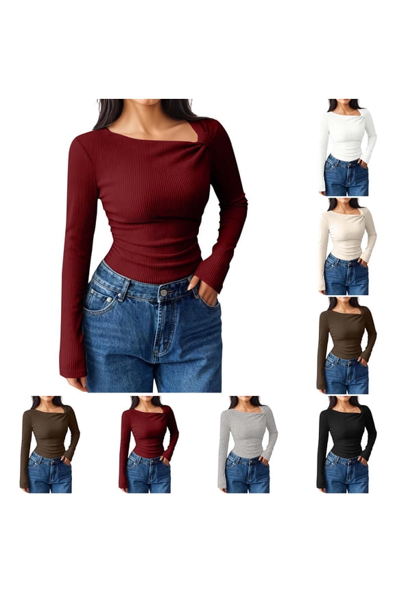 Womens Tops Y2k Ribbed Knit Slim Fitted Ruched Long Sleeve Shirts Soft Comfy Warm Basic Tees Fall Spring Fashion V Neck Blouses