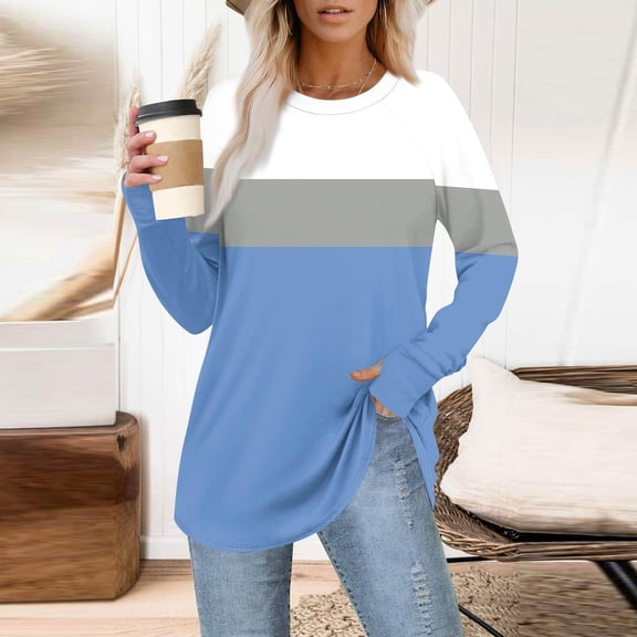 jobturf Womens Tunic Tops Casual Loose Curved Hem Long Sleeve Shirts Soft Comfy Basic Tees Fall Spring Fashion Crew Neck Blouses with Thumb Hole