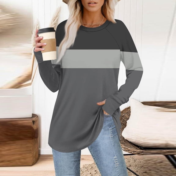 jobturf Womens Tunic Tops Casual Loose Curved Hem Long Sleeve Shirts Soft Comfy Basic Tees Fall Spring Fashion Crew Neck Blouses with Thumb Hole