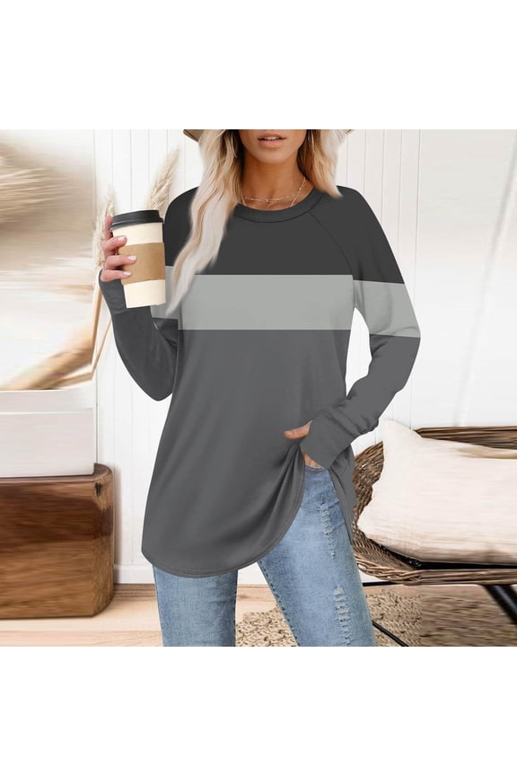 Womens Tunic Tops Casual Loose Curved Hem Long Sleeve Shirts Soft Comfy Basic Tees Fall Spring Fashion Crew Neck Blouses with Thumb Hole