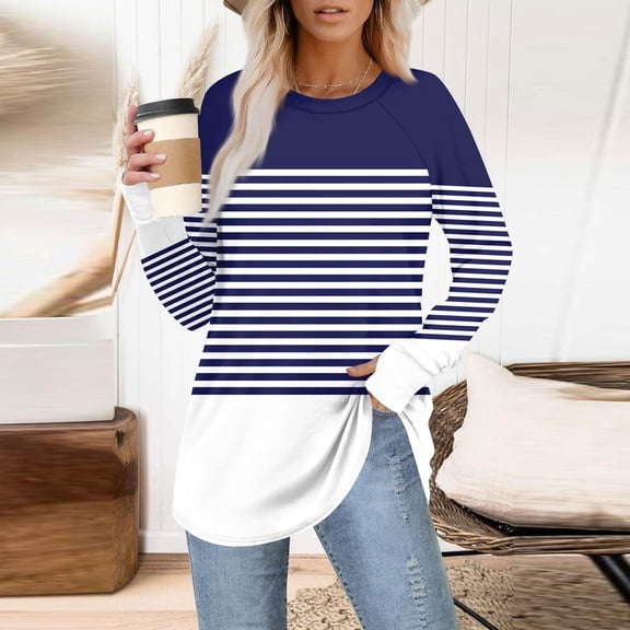 jobturf Womens Tunic Tops Crew Neck Striped Long Sleeve Shirts Soft Comfy Casual Loose Basic Tees Fall Spring Fashion Blouses with Thumb Hole