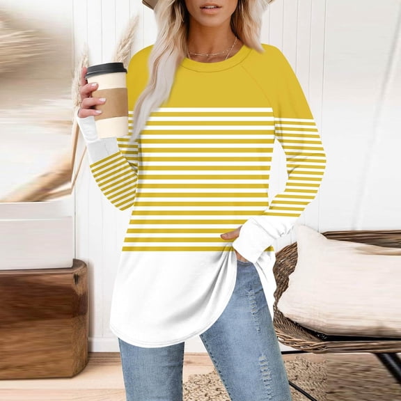 jobturf Womens Tunic Tops Crew Neck Striped Long Sleeve Shirts Soft Comfy Casual Loose Basic Tees Fall Spring Fashion Blouses with Thumb Hole
