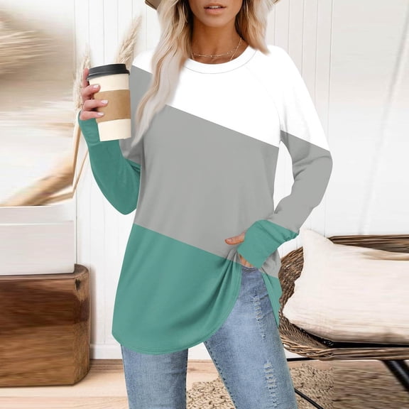 jobturf Womens Tunic Tops Crew Neck Striped Long Sleeve Shirts Soft Comfy Casual Loose Basic Tees Fall Spring Fashion Blouses with Thumb Hole