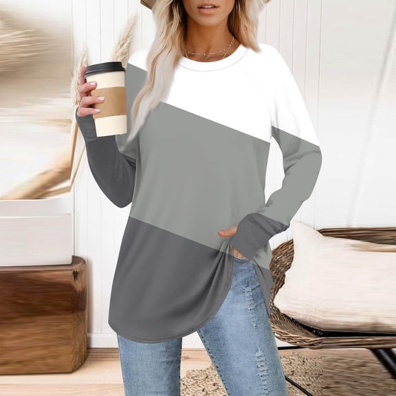jobturf Womens Tunic Tops Crew Neck Striped Long Sleeve Shirts Soft Comfy Casual Loose Basic Tees Fall Spring Fashion Blouses with Thumb Hole