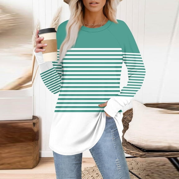 jobturf Womens Tunic Tops Crew Neck Striped Long Sleeve Shirts Soft Comfy Casual Loose Basic Tees Fall Spring Fashion Blouses with Thumb Hole