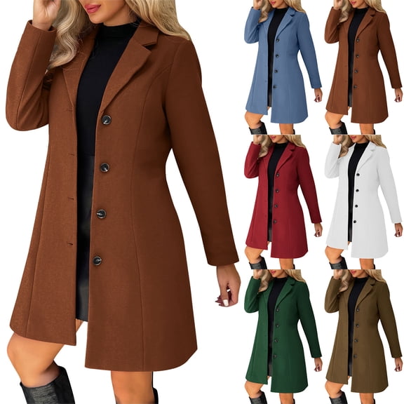 jobturf Womens Wool Coat Single Breasted Notched Lapel Overcoat Fall Winter Fashion Long Sleeve Going Out Tops Dressy Casual Trench Coats