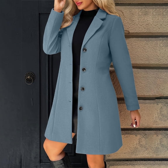 jobturf Wool Coats for Women Dressy Casual Single Breasted Jackets Long Sleeve Going Out Tops Fall Spring Fashion Notched Lapel Trench Coat with Pockets