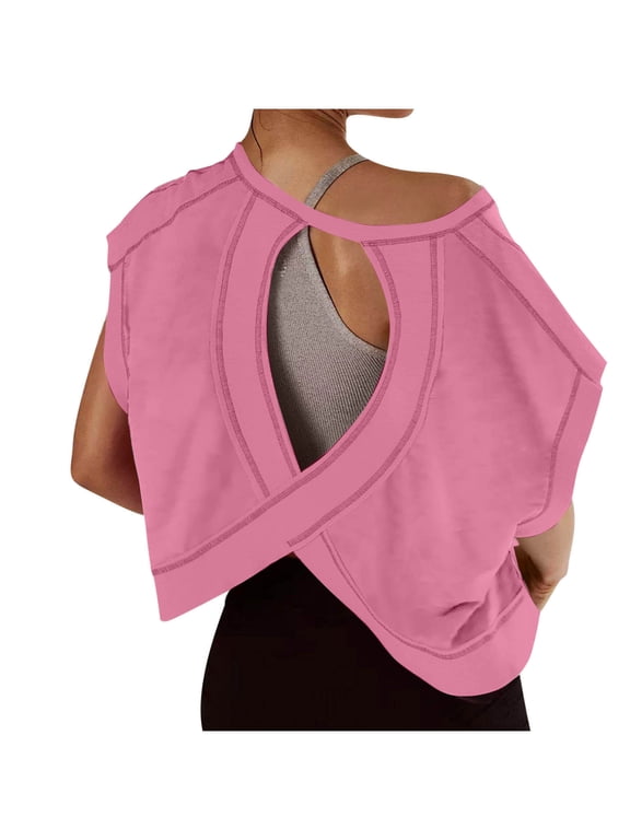 Workout Tops for Women Open Back Backless Athletic Shirts Summer Breathable Running Yoga Y2k Crop Top Casual Loose Short Sleeve T Shirt
