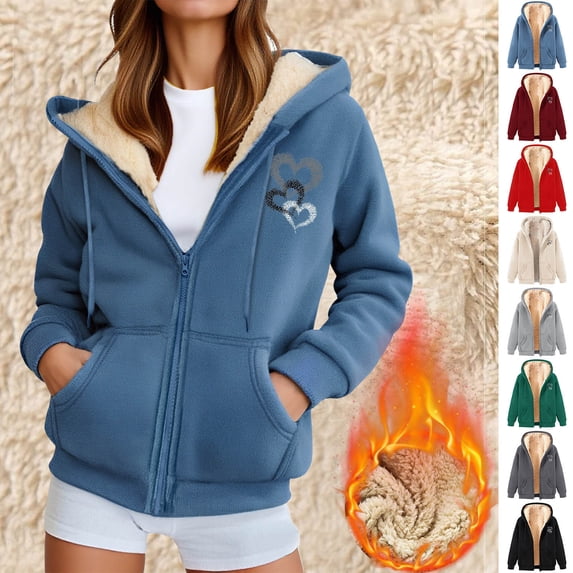 jobturf Zip up Hoodie Women Valentine's Day Fashion Drawstring Jacket Fall Casual Outerwear Thickened Warm Fleece Lined Winter Coats with Pockets
