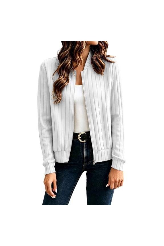 Zip Up Jackets for Women Ribbed Knit Bomber Jacket Long Sleeve Lightweight Cardigan Sweaters Spring Fall Going Out Casual Outerwear S-2XL