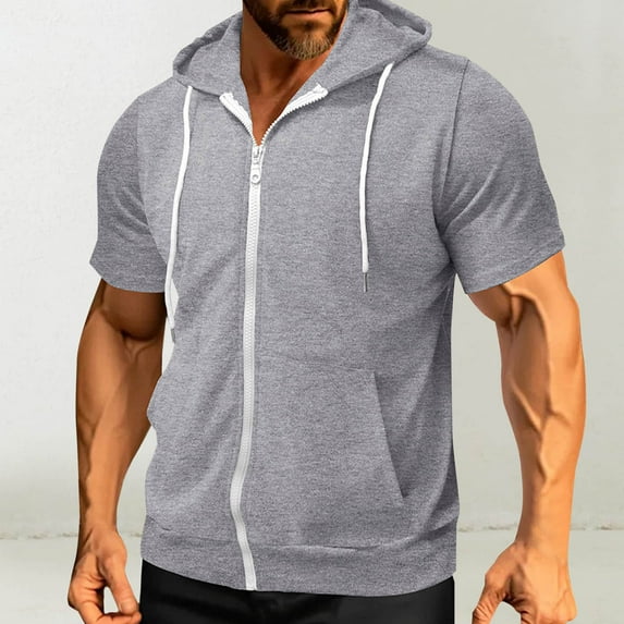 jobturf Zip up Hoodie Men Athletic Workout Short Sleeve Thin Sweatshirt Spring Summer Fashion Lightweight Jackets with Kangaroo Pocket