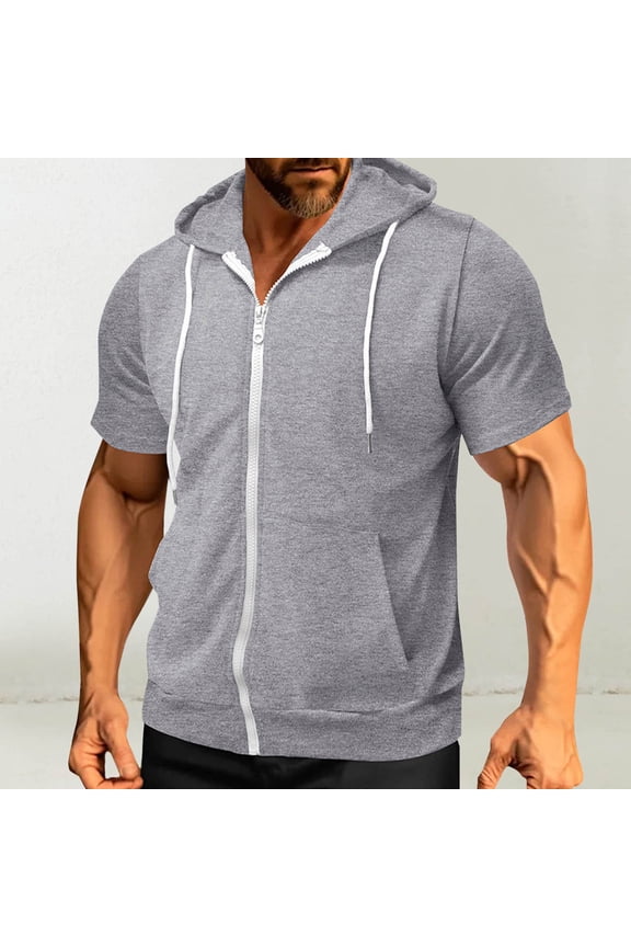 Zip up Hoodie Men Athletic Workout Short Sleeve Thin Sweatshirt Spring Summer Fashion Lightweight Jackets with Kangaroo Pocket