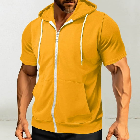 jobturf Zip up Hoodie Men Athletic Workout Short Sleeve Thin Sweatshirt Spring Summer Fashion Lightweight Jackets with Kangaroo Pocket