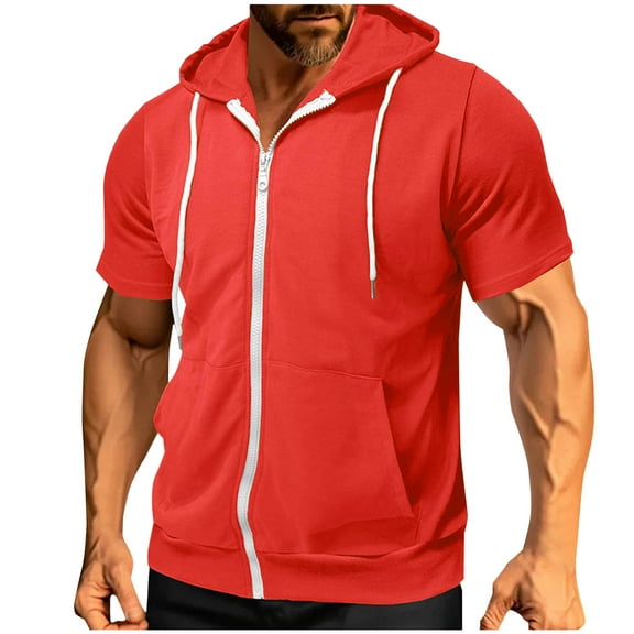 jobturf Zip up Hoodie Men Athletic Workout Short Sleeve Thin Sweatshirt Spring Summer Fashion Lightweight Jackets with Kangaroo Pocket