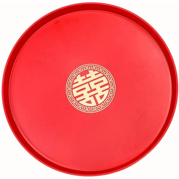 jojofuny Chinese Wedding Serving Tray Platter: Red Fruit Plate Round Tea Tray Large Plastic Snack Dishes for Chinese Traditional Wedding Decoration Supplies