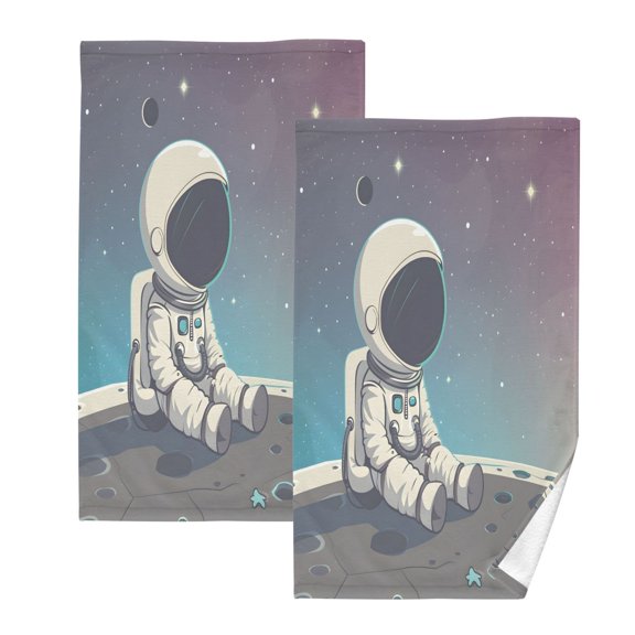 joogoo 2 PCs Hand Towels Sets A Astronaut Sit on Universe Cotton Face Towel Bathroom Decorative