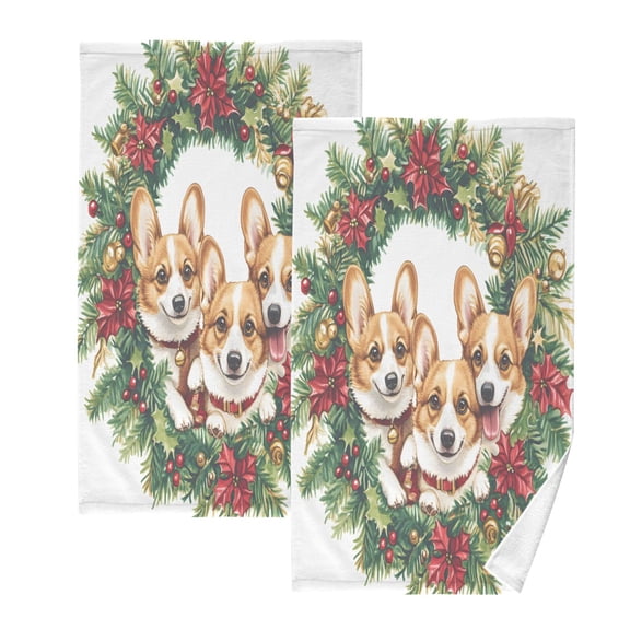 joogoo 2 PCs Hand Towels Sets Corgi Dogs Christmas Wreath Cotton Face Towel Bathroom Decorative