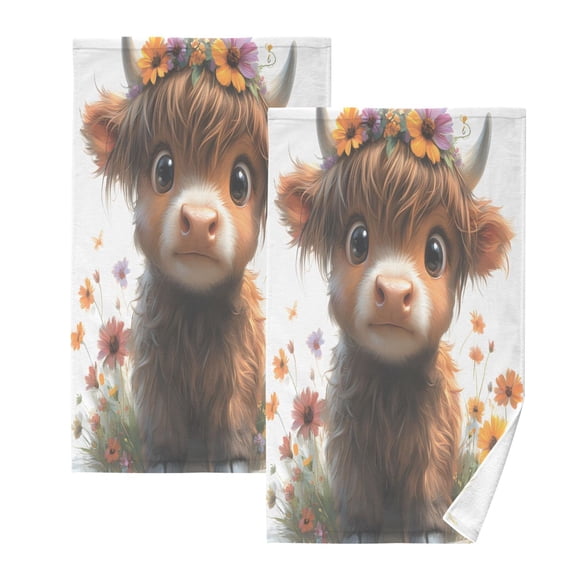 joogoo 2 PCs Hand Towels Sets Cute Highland Cattle Cotton Face Towel Bathroom Decorative