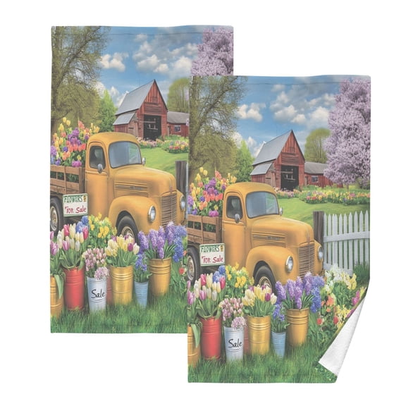 joogoo 2 PCs Hand Towels Sets Farm Scene Truck Cotton Face Towel Bathroom Decorative