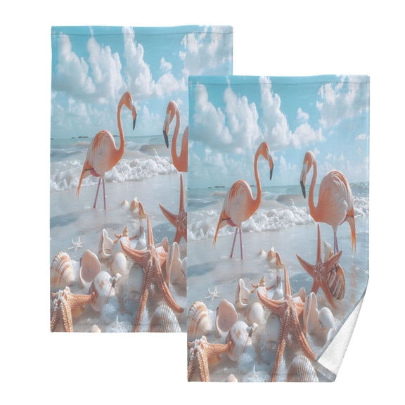 joogoo 2 PCs Hand Towels Sets Flamingos Starfish Shells on Beach Cotton Face Towel Bathroom Decorative