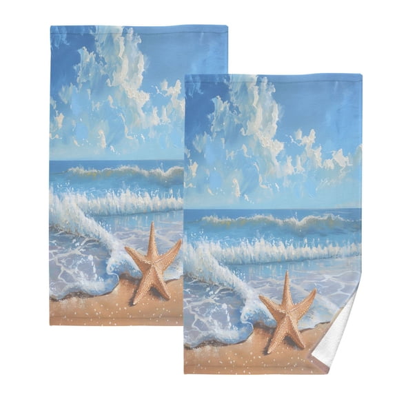 joogoo 2 PCs Hand Towels Sets Sea Stars Beach Sky Landscape Cotton Face Towel Bathroom Decorative