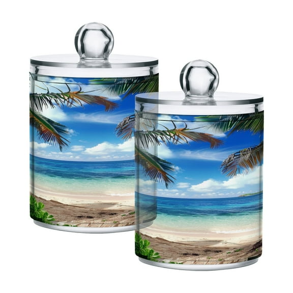 joogoo 2 Pack Qtip Holder Organizer Palm Tree Beach and Blue Sky Cotton Swabs Cans Storage Canister