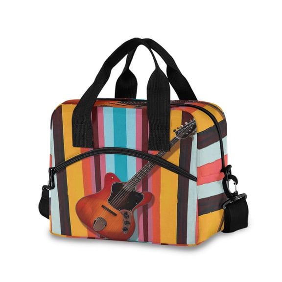 joogoo A Guitar on Stripe Insulated Lunch Bags Reusable Cooler Box with Shoulder Strap