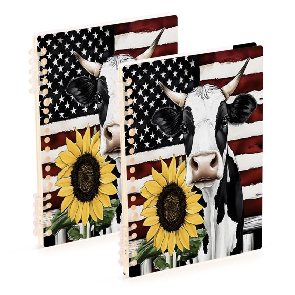 joogoo A5 Spiral Journal Notebook Cow with Flag Sunflower College Ruled Notebooks 8.3" x 5.7" 2 PCs