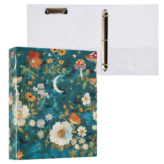 joogoo Abstract Flowers Mushrooms Stars Hardcover 3 Ring Binder 1.5" Round Rings Interior Pockets Binders Organizer 1 Pack