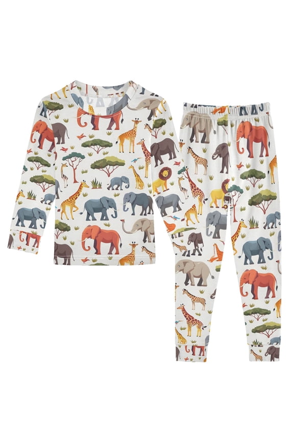 African Elephant Giraffe 2 Piece Long Sleeve Tee and Pants Cotton Pajama Set 6Y